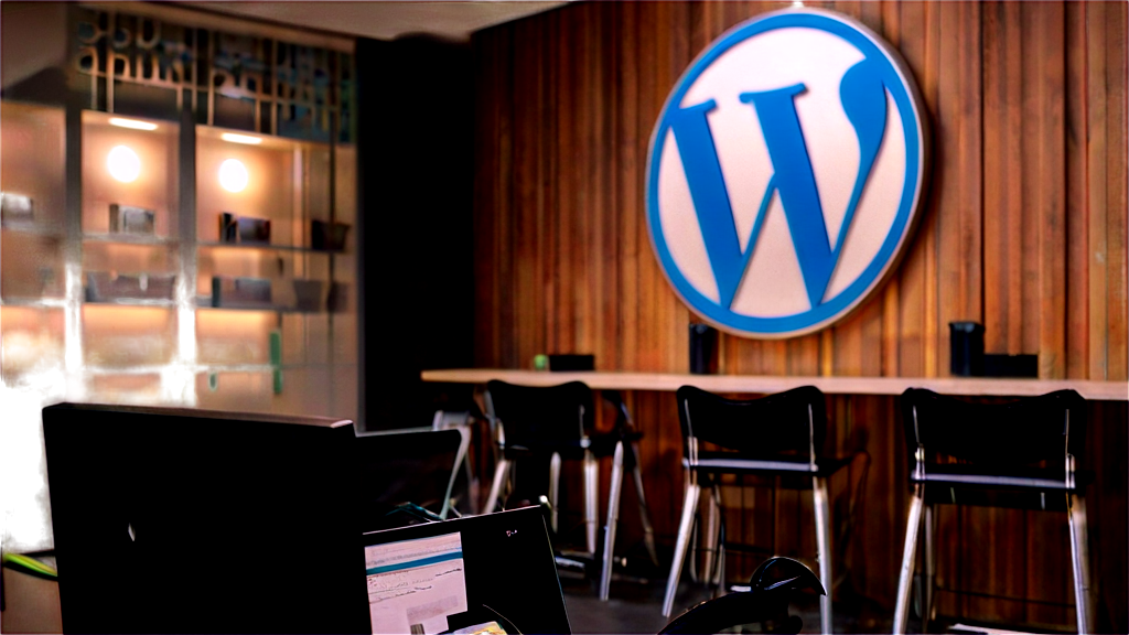 Oficina moderna con logo de WordPress en la pared