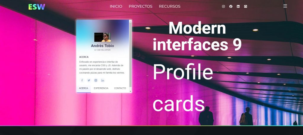 Interfaz moderna con tarjeta de perfil desarrollada por ElSaltoWeb para diseño UI/UX