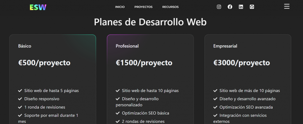 Captura pantalla planes de precios