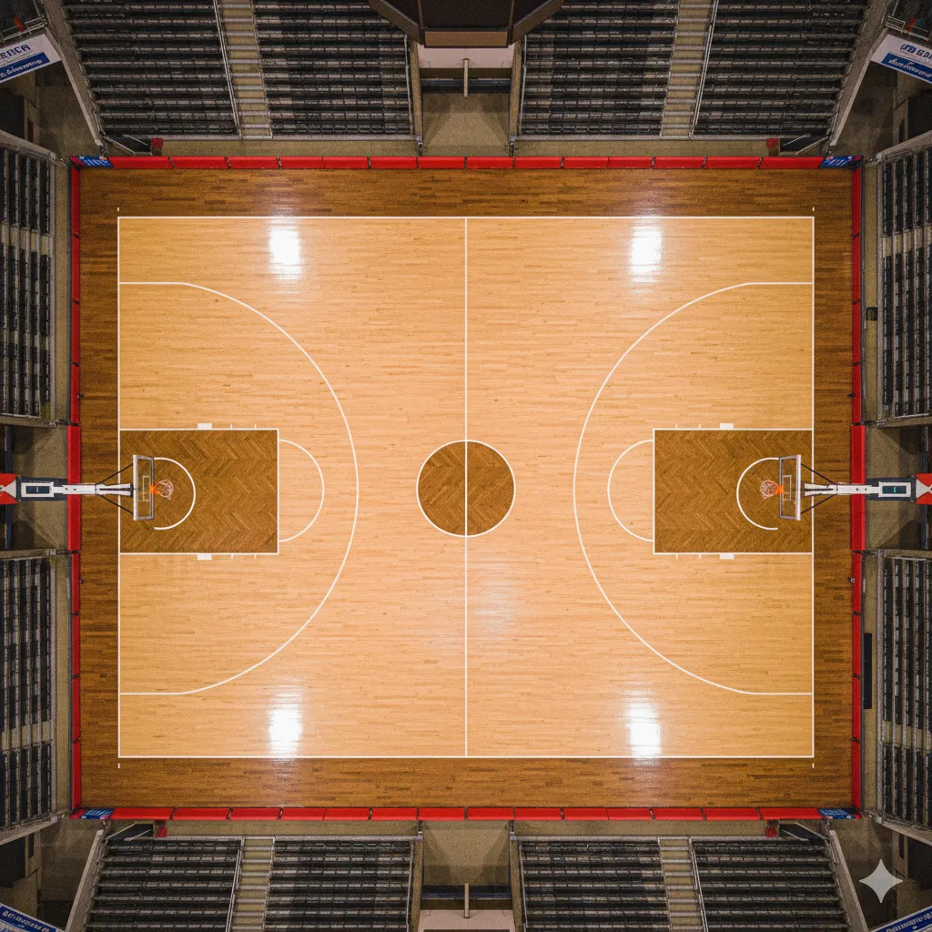 Toma aérea estilizada de una cancha de baloncesto con luces de neón.