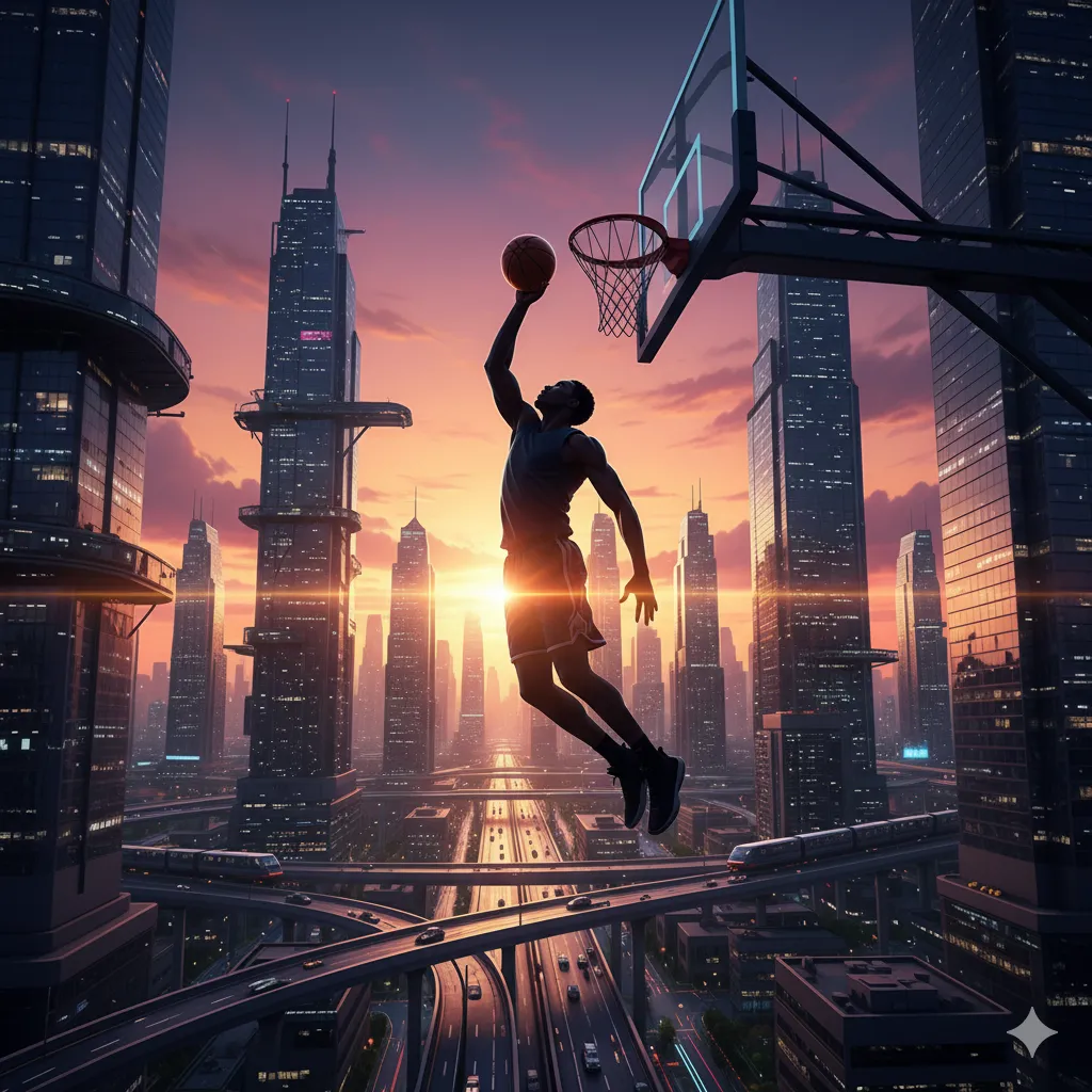 Silueta de un jugador de baloncesto realizando un mate en una ciudad futurista al atardecer.