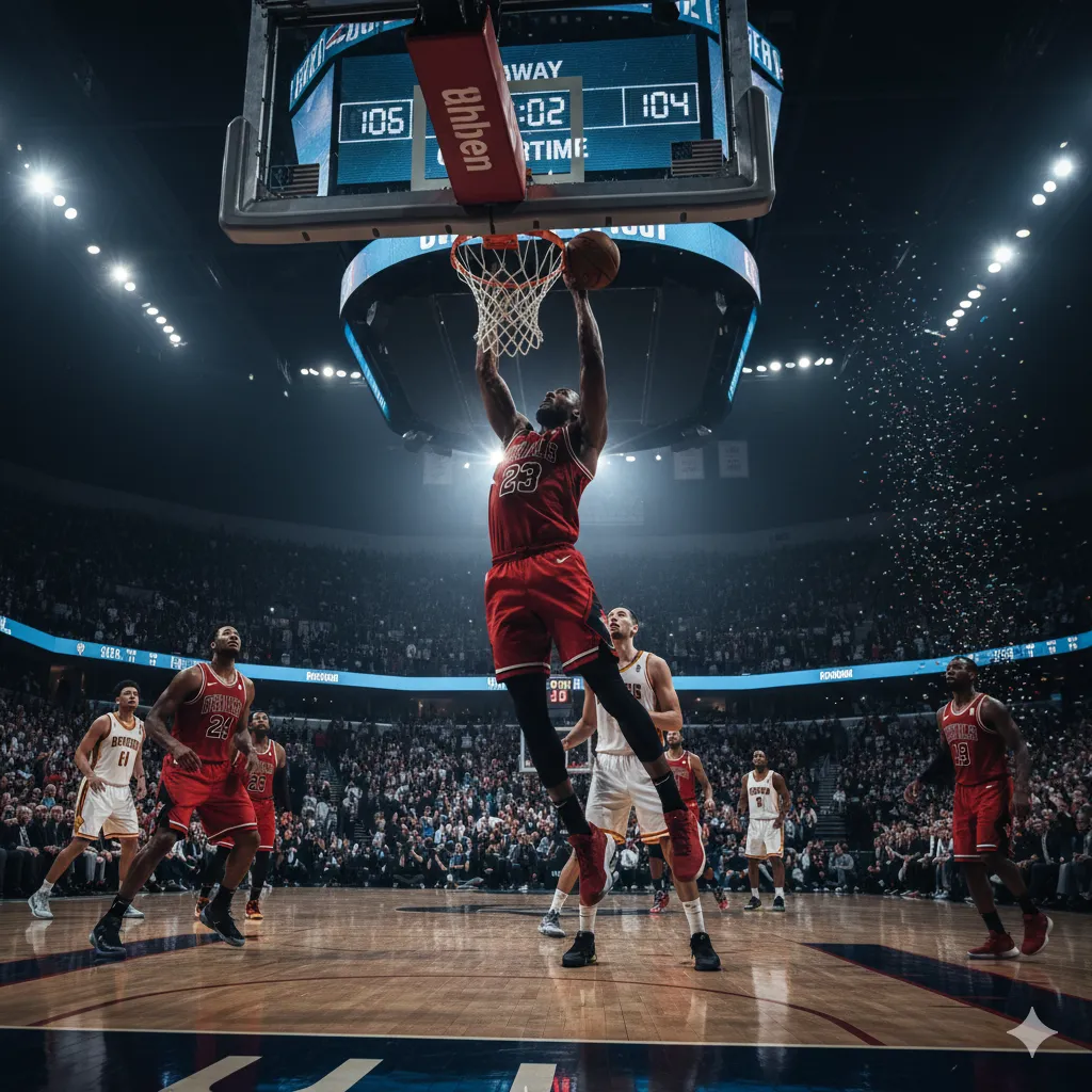 Campo de baloncesto durante un partido de la NBA con jugadores en acción y público.