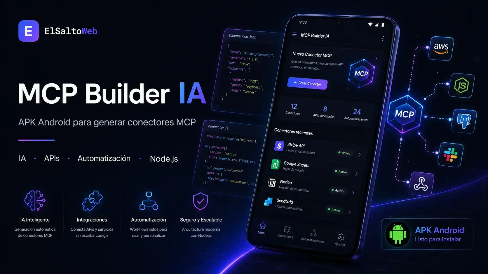 Imagen promocional de MCP Builder IA, una APK Android para generar conectores MCP con inteligencia artificial, APIs, automatización y Node.js.