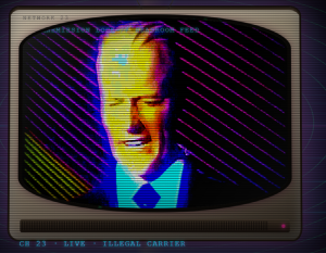 Retrato pixelado con efecto glitch, panel de líneas diagonales y texto tipo sistema en pantalla