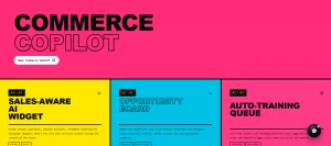 Texto Comerce Copilot y secciones Sales Aware AI Widget, Opportunity Board y Auto Training Queue en interfaz rosa y bloques