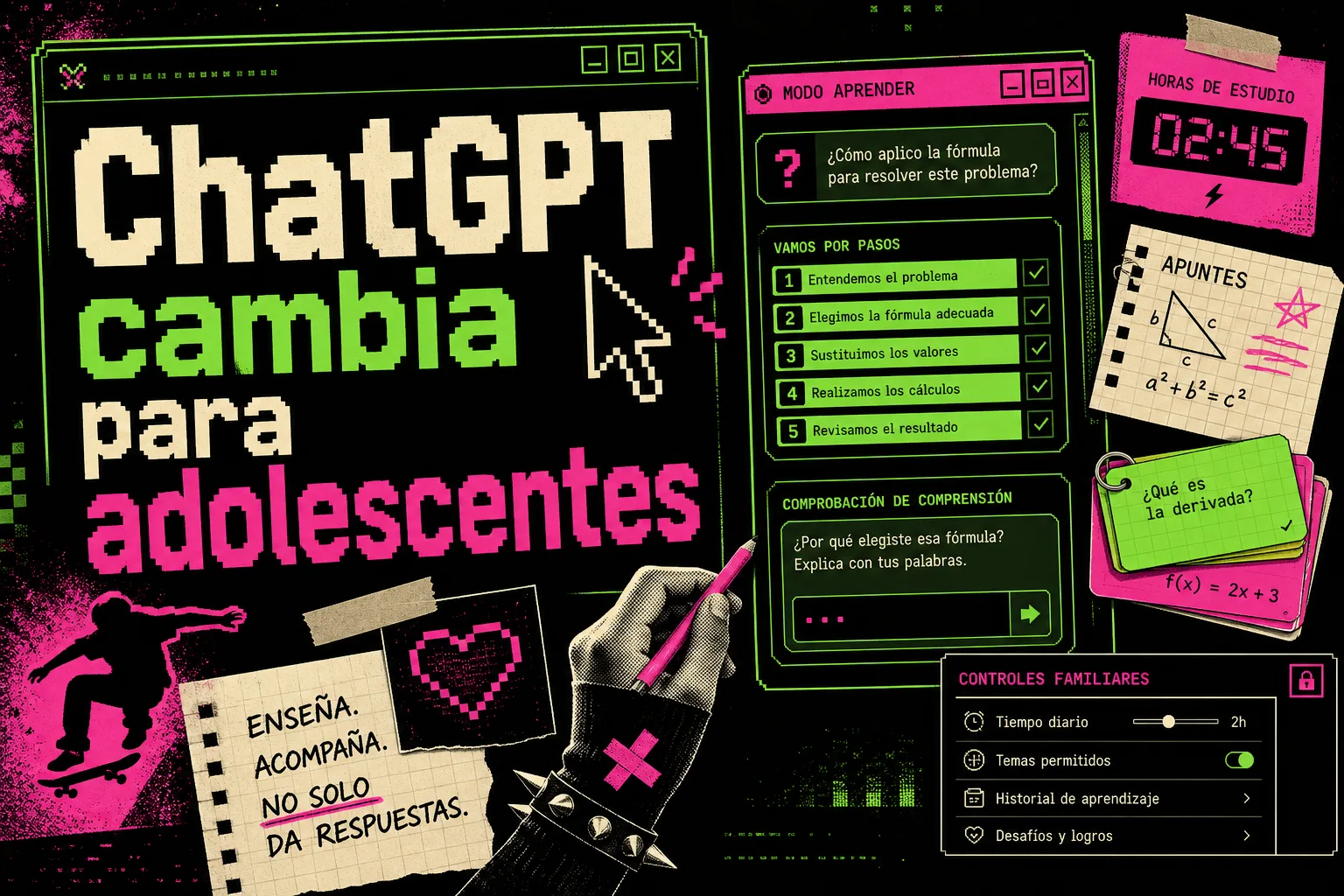 Portada editorial sobre TEXTO EN PORTADA: "ChatGPT cambia para adolescentes". Un adolescente frente a una mesa de estudio, interactuando con una interfaz de conversación que muestra una pregunta guiada, v