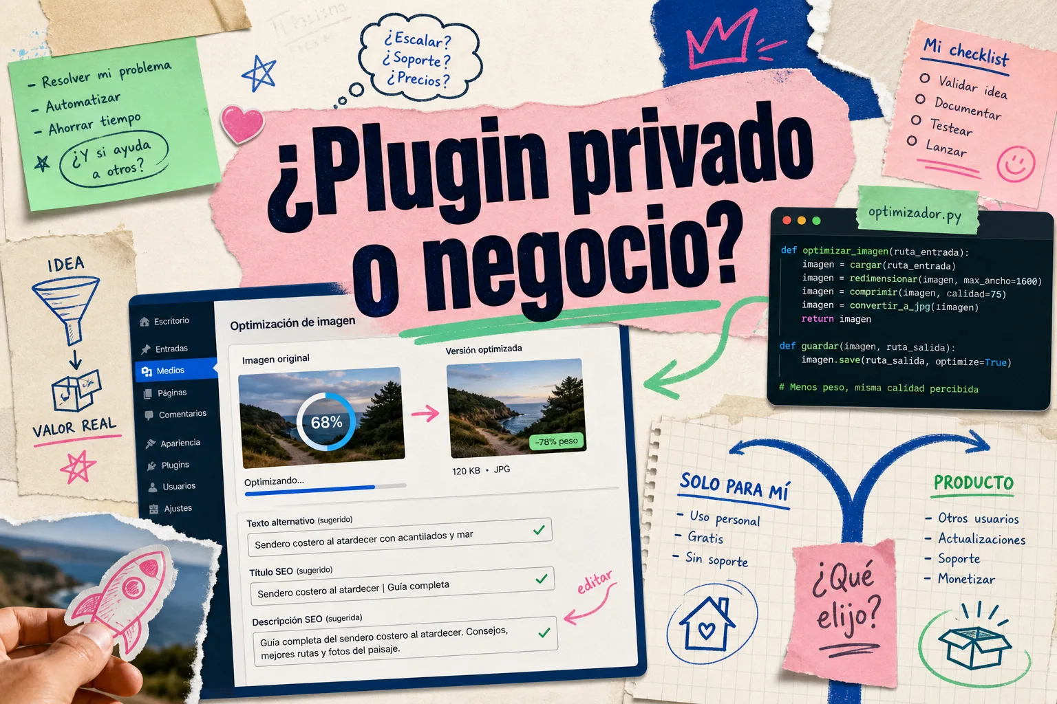 Portada editorial sobre TEXTO EN PORTADA: "¿Plugin privado o negocio?". Una interfaz de WordPress con una imagen cargada en proceso de optimización, una segunda versión más ligera, etiquetas de texto alte