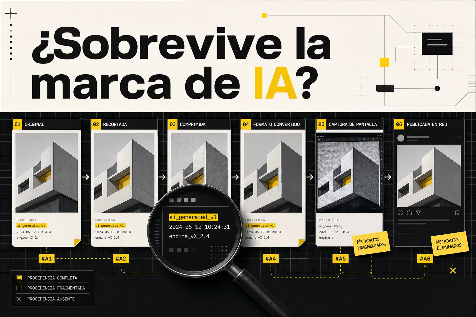 Portada editorial sobre TEXTO EN PORTADA: "¿Sobrevive la marca de IA?". Una mesa de trabajo con seis imágenes emparejadas en tarjetas físicas: cada original junto a su versión recortada, comprimida, conve