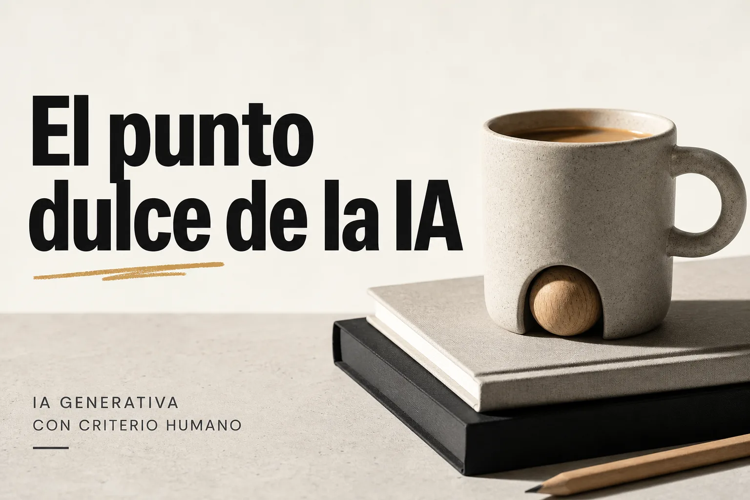 Portada editorial sobre TEXTO EN PORTADA: "El punto dulce de la IA". Una persona sentada ante una mesa de trabajo creativo, señalando y reorganizando varias propuestas visuales que aparecen como tarjetas