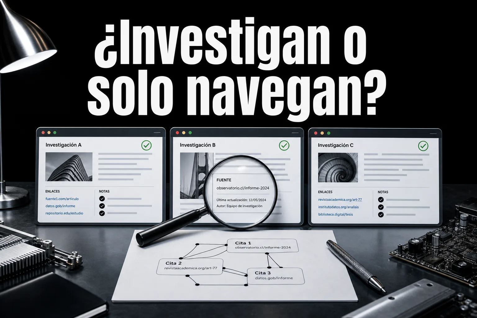 Portada editorial sobre TEXTO EN PORTADA: "¿Investigan o solo navegan?". Tres ventanas de navegador alineadas como si fueran competidores en una prueba editorial, cada una mostrando una investigación dist