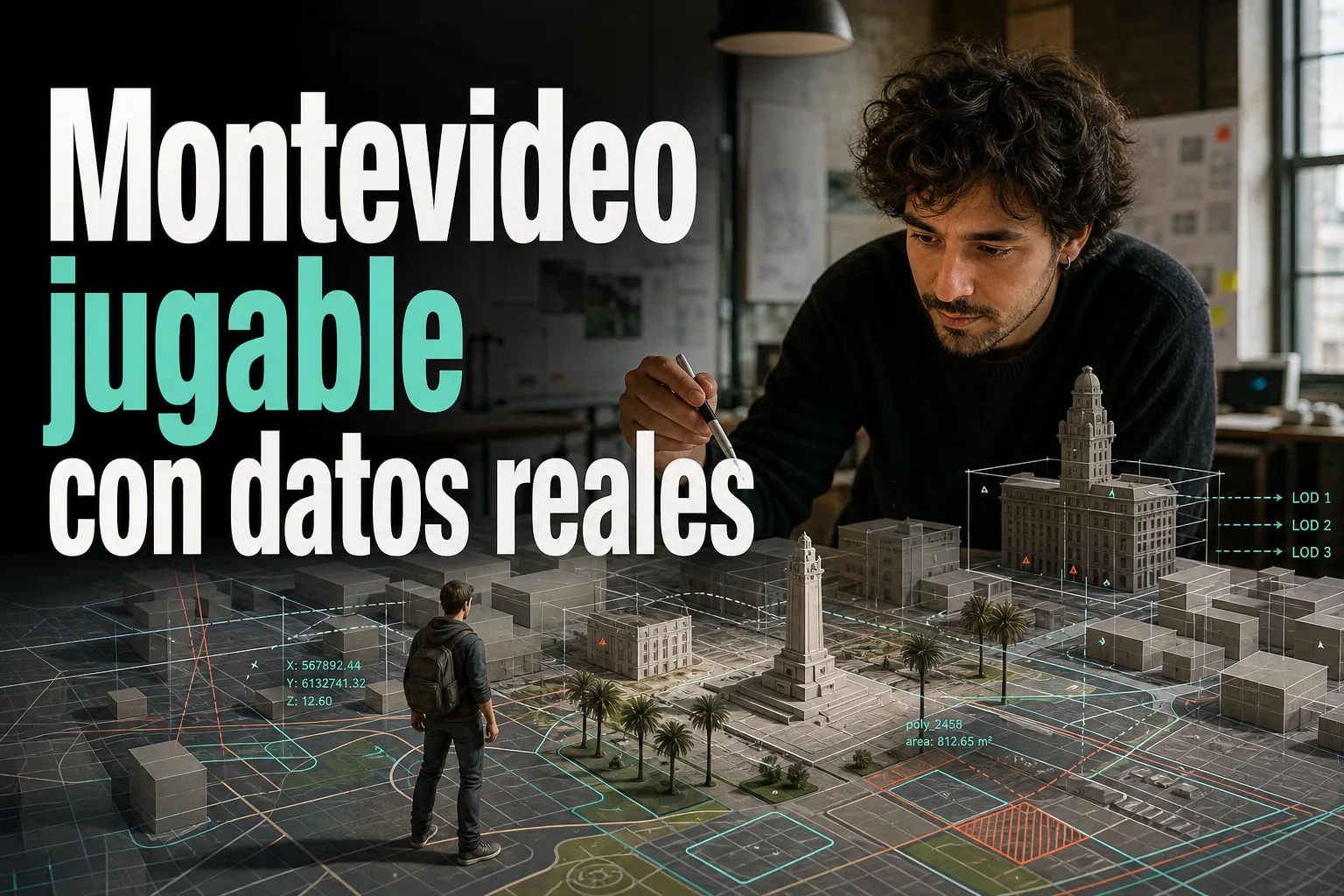 Portada editorial sobre TEXTO EN PORTADA: "Montevideo jugable con datos reales". Una vista reconocible de Plaza Independencia convertida en un blockout 3D de videojuego, con calles y manzanas reales super