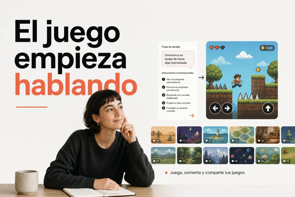Portada editorial sobre TEXTO EN PORTADA: "El juego empieza hablando". Una persona frente a una interfaz de creación que transforma una frase escrita en un pequeño juego jugable: en un lado, una tarjeta c