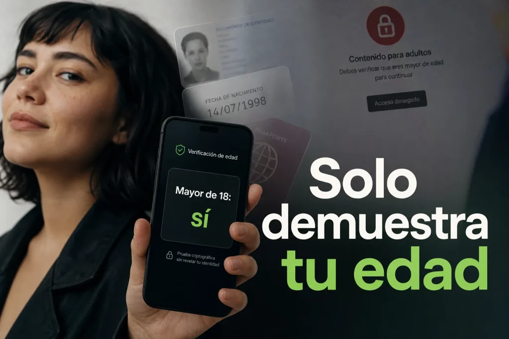 Portada editorial sobre TEXTO EN PORTADA: "Solo demuestra tu edad". Un teléfono móvil mostrando una tarjeta digital con el mensaje «Mayor de 18: sí» mientras una pantalla de plataforma online aparece al f