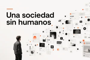 Portada editorial sobre TEXTO EN PORTADA: "Una sociedad sin humanos". Una pantalla de red social ficticia llena de tarjetas de publicaciones, votos, comentarios y pequeñas comunidades conectadas entre sí;