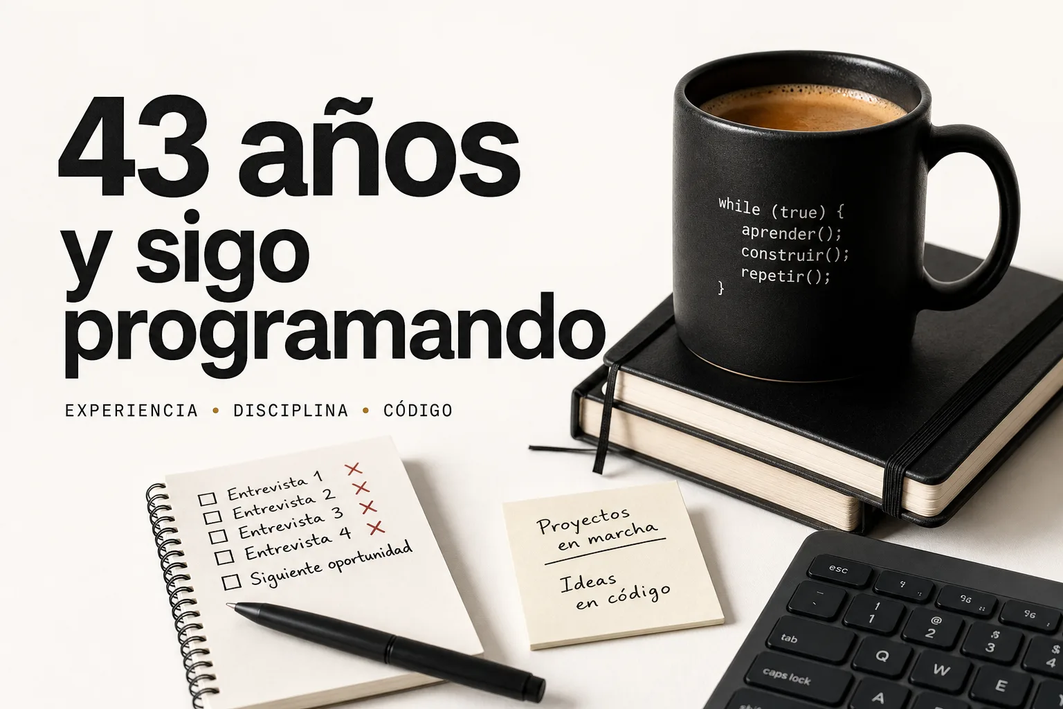 Portada editorial sobre TEXTO EN PORTADA: "43 años y sigo programando". Un desarrollador de mediana edad frente a una pantalla con varias ventanas de entrevistas y candidaturas rechazadas, mientras a un l